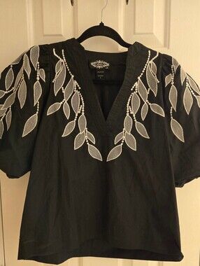 Oliver. O Boho Embroidered Falling Leaves Puff Sleeve Peasant Boho Blouse S NWOT
